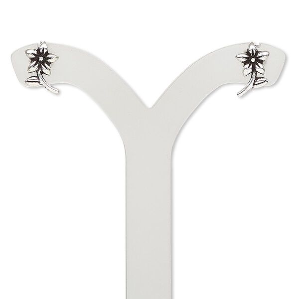 Earring, antiqued sterling silver, 10x8mm flower with post. Sold per pair. image number 0