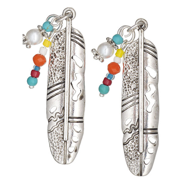 Focal, antique silver-finished "pewter" (zinc-based alloy) and glass, silver and multicolored, 44x11mm single-sided feather with steel jump ring and two headpin dangles with mix of small beads. Sold per pkg of 2. image number 0