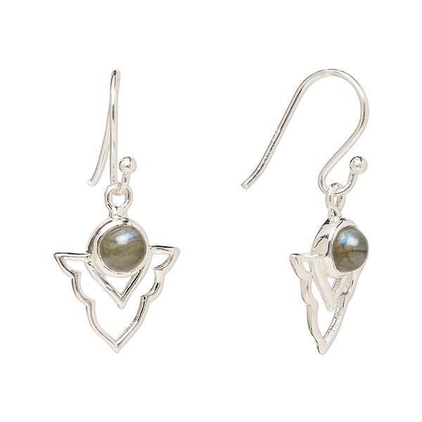 Earring, Create Compliments®, antiqued sterling silver and labradorite (natural), fishhook, 29mm with 15.5x14mm single-sided open arrowhead, 21 gauge. Sold per pair. image number 0