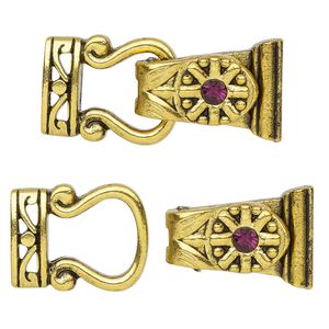 Clasp magnetic fold-over 1pkg2 "pewter" (zinc alloy), 29x13mm, antique gold-finished / purple rhinestone 2-strand