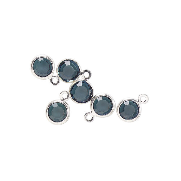 Drop, glass rhinestone and silver-finished brass, zircon blue, 6-6.5mm faceted round. Sold per pkg of 6. image number 0