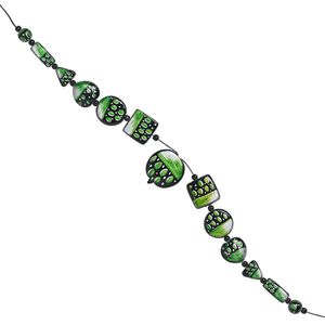 Bead set, glass and waxed cotton cord, green / black / silver, (1) 35mm round, (2) 25x25mm square, (2) 25mm flat round, (2) 22x21mm puffed heart, (2) 18x18x17mm triangle, (2) 24x10mm rectangle, (2) 12mm round, (12) 5-6mm spacers, double-sided, 16-inches. Sold per 13-piece set.