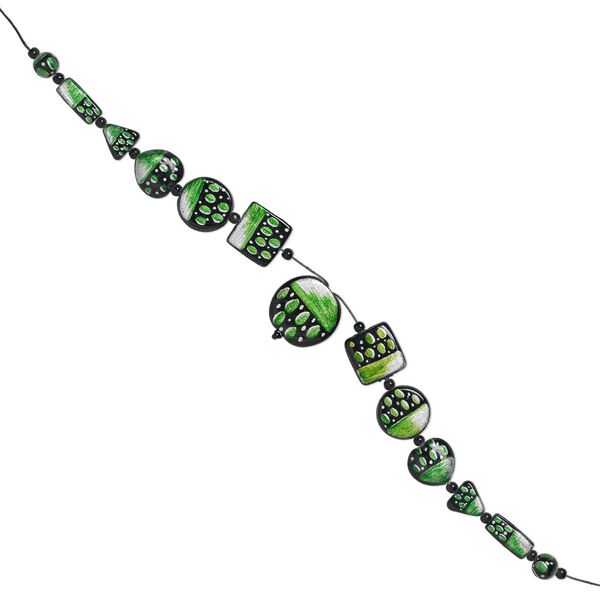 Bead set, glass and waxed cotton cord, green / black / silver, (1) 35mm round, (2) 25x25mm square, (2) 25mm flat round, (2) 22x21mm puffed heart, (2) 18x18x17mm triangle, (2) 24x10mm rectangle, (2) 12mm round, (12) 5-6mm spacers, double-sided, 16-inches. Sold per 13-piece set. image number 0