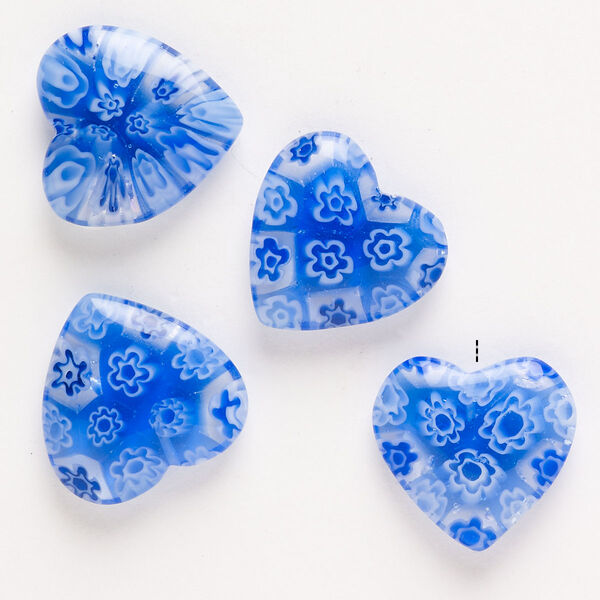 Bead, millefiori glass, pkg/4, translucent clear/white/cobalt blue, 18-20mm half-drilled puffed heart. image number 0