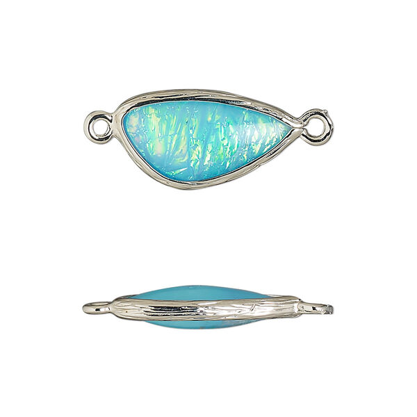 Link, Opalized Ice™, "opal" (resin) and imitation rhodium-finished brass, opaque light blue, 19.5x11mm double-sided wing. Sold per pkg of 4. image number 0
