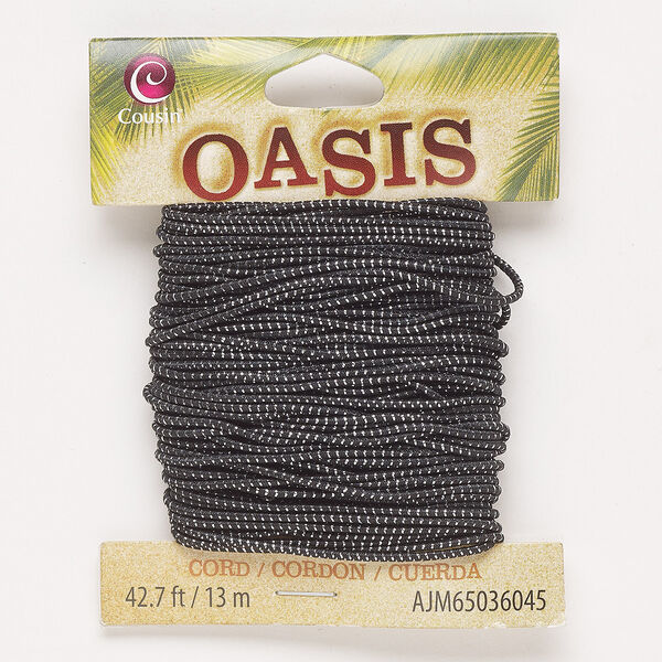 Cord, elastic, black and silver, 1mm round. Sold per 13-meter pkg. image number 0