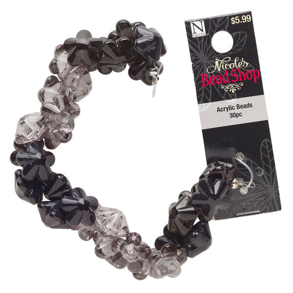 Bead mix, acrylic, pkg/30, 15x11mm top-drilled flower, grey and dark grey. image number 0