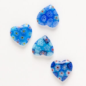 Bead, millefiori glass, pkg/4, translucent multicolored, 18-20mm half-drilled puffed heart.