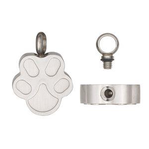 Pendant, stainless steel and silicone, black, 24x18mm single-sided paw print with watertight chamber. Sold individually.
