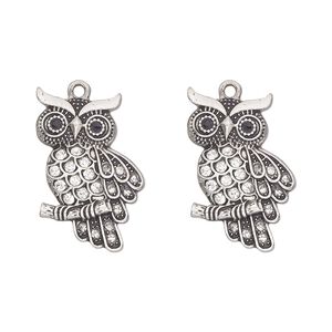 Charm, antique silver-finished "pewter" (zinc-based alloy), enamel and glass, clear and black, 28x19mm single-sided owl. Sold per pkg of 2.