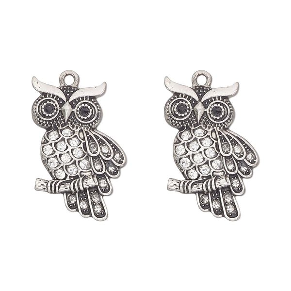 Charm, antique silver-finished "pewter" (zinc-based alloy), enamel and glass, clear and black, 28x19mm single-sided owl. Sold per pkg of 2. image number 0