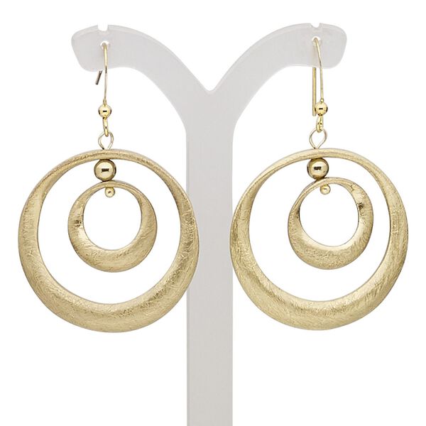 Earring, gold-finished brass and "pewter" (zinc-based alloy), 2 inches with scratched double open circle and fishhook ear wire. Sold per pair. image number 0