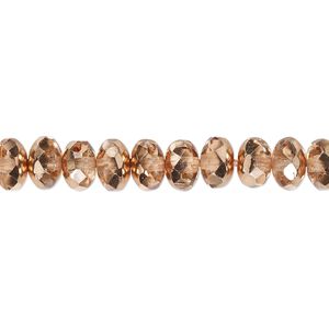 Bead, Czech fire-polished glass, metallic apricot, 7x5mm faceted rondelle. Sold per 15-1/2" to 16" strand.