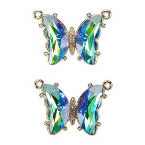 Connector, gold-finished brass, clear green shimmer, 19x15mm butterfly with closed loop. Sold per pkg of 2.