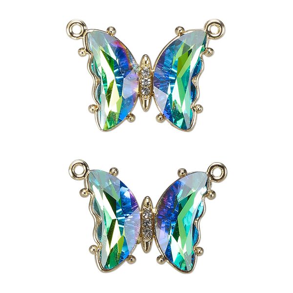 Connector, gold-finished brass, clear green shimmer, 19x15mm butterfly with closed loop. Sold per pkg of 2. image number 0