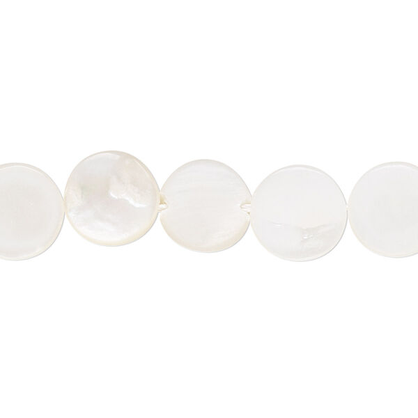 Bead, mother-of-pearl shell (dyed / coated), white, 10mm flat round. Sold per 15-inch strand. image number 0