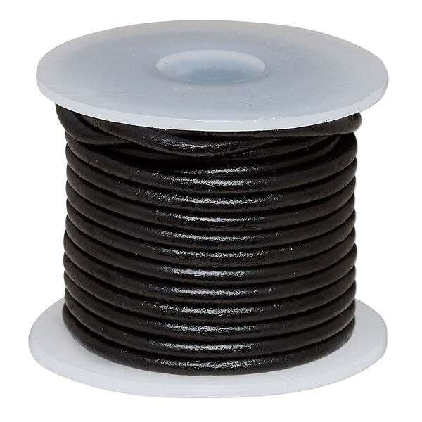 Cord, leather (dyed), black, 2mm round. Sold per 5-yard spool. image number 0