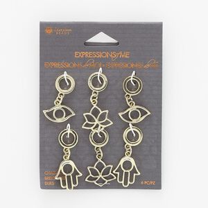 Focal, gold-finished steel and "pewter" (zinc-based alloy), (2) 29x19mm evil eye / (2) 35x18mm lotus / (2) 37x16mm Fatima hand with cutout designs and 6.5mm hole. Sold per pkg of 6.