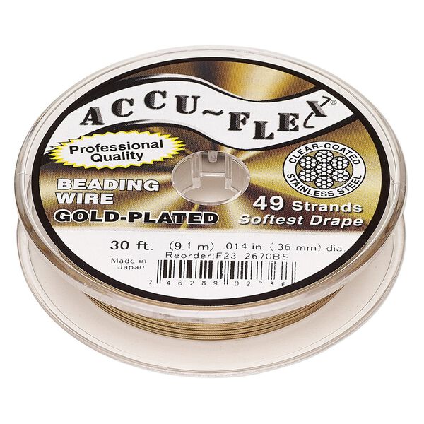 Beading wire, Accu-Flex®, nylon and 24Kt gold-plated stainless steel, clear, 49 strand, 0.014-inch diameter. Sold per 30-foot spool. image number 0