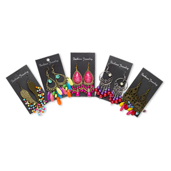 Earring mix, gold-finished / imitation rhodium- / antique brass-plated steel / "pewter" (zinc-based alloy) / acrylic, mixed bright colors, 2-1/2 to 4-1/2 inch fishhook with mixed shape. Sold per pkg of 5 pairs. image number 0