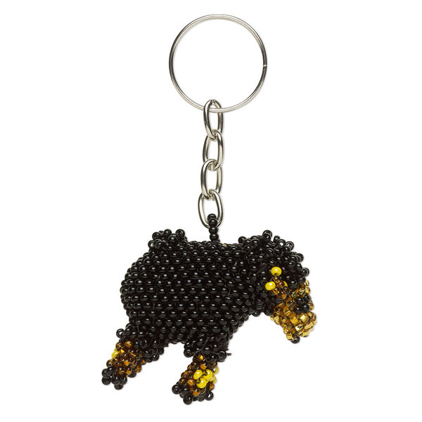 Keychain, glass and steel, black / gold / yellow, 3-1/2 inches with 43x40mm 3D sheep and 22mm split ring. Sold individually. image number 0