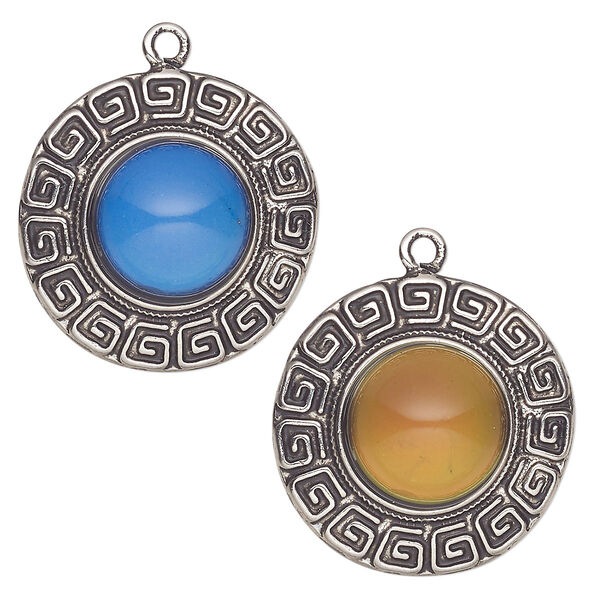 Drop, acrylic and antique imitation rhodium-plated "pewter" (zinc-based alloy), 28mm round with color-changing "mood" cabochon. Sold per pkg of 2. image number 0
