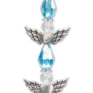 Bead, crystal and antique silver-plated "pewter" (zinc-based alloy), translucent light turquoise blue AB and clear, 25x22mm angel. Sold per pkg of 4.