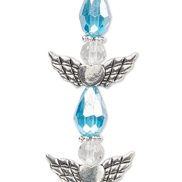 Bead, crystal and antique silver-plated "pewter" (zinc-based alloy), translucent light turquoise blue AB and clear, 25x22mm angel. Sold per pkg of 4. image number 0