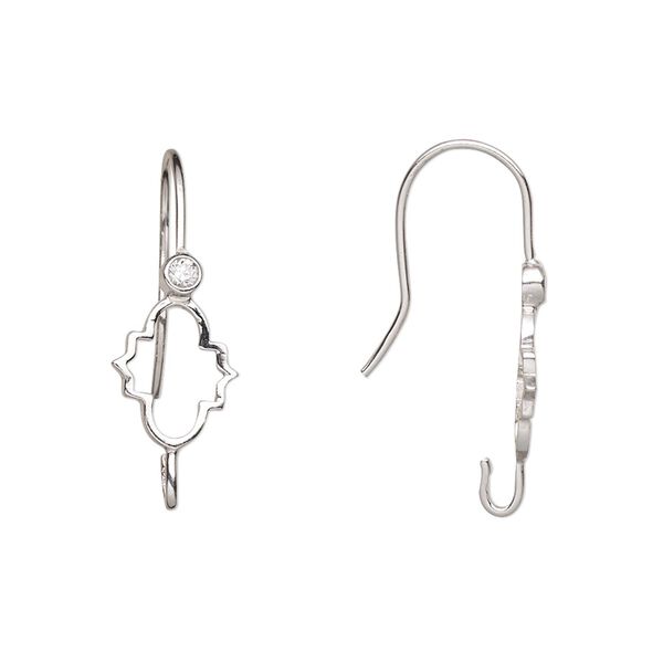 Ear wire fishhook 1pkg2 rhodium-plated sterling silver / cubic zirconia, 25mm fancy diamond / open hook, 21 gauge clear 1 pair image number 0