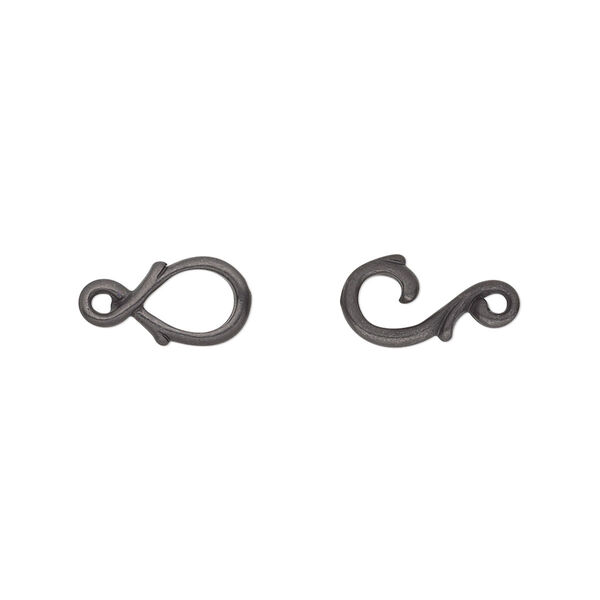 Clasp, TierraCast®, hook-and-eye, black-plated pewter (tin-based alloy), 16x7mm with fancy vine design. Sold individually. image number 0