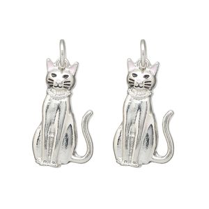 Charm, imitation rhodium-finished "pewter" (zinc-based alloy) and enamel, pink and black, 23.5x13mm sitting cat. Sold per pkg of 2.