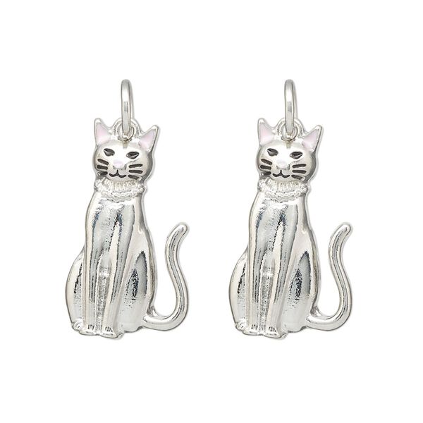 Charm, imitation rhodium-finished "pewter" (zinc-based alloy) and enamel, pink and black, 23.5x13mm sitting cat. Sold per pkg of 2. image number 0