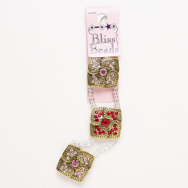Bead spacer assortment 1pkg3 brass / glass 25mm fancy square hearts design fits up to 19mm beads, antique gold finish / pink / red image number 0
