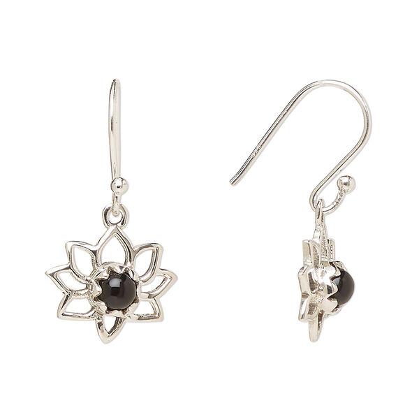 Ear wire, Create Compliments®, antiqued sterling silver and black onyx (dyed), fishhook, 26mm with 14.5x12mm single-sided open lotus, 21 gauge. Sold per pair. image number 0