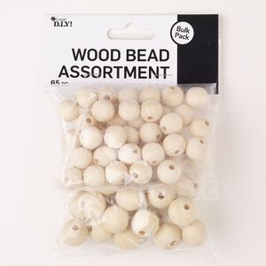 Bead mix, wood (natural), pkg/65, 15-19mm round.
