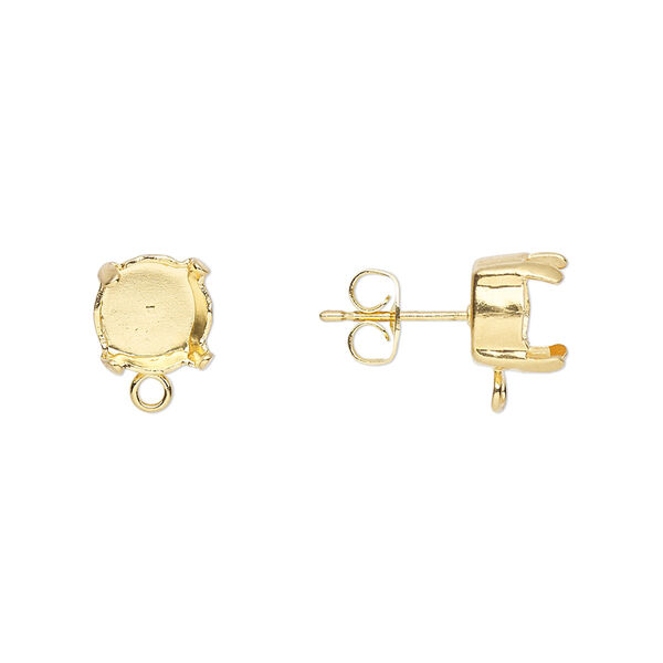 Earstud, gold-plated brass and steel, 11x8mm with post and SS39 4-prong chaton setting with loop. Sold per pkg of 2 pairs. image number 0