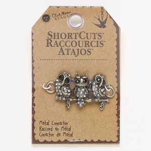 Focal, antique brass-plated "pewter" (zinc-based alloy) / enamel / glass, clear and black, 36x25mm owls. Sold individually.