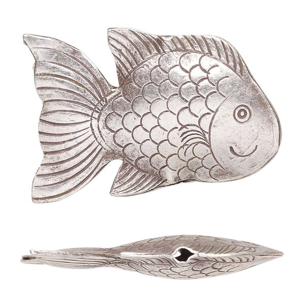 Bead, Hill Tribes, antiqued sterling silver, 37x24mm puffed fish. Sold individually. image number 0