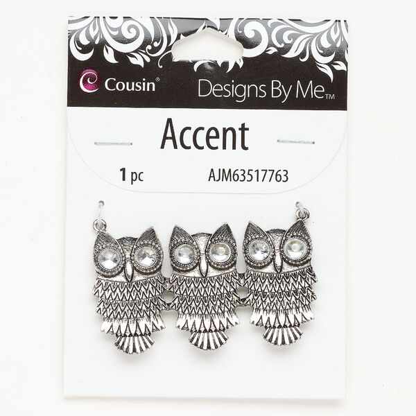 Brass / acrylic 1pkg1, owl focal antique silver-finished / clear 57x33mm image number 0
