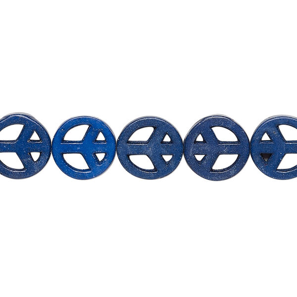 Bead, "howlite" (resin) (dyed / imitation), medium to dark lapis blue, 10-11mm peace sign. Sold per 15-inch strand. image number 0