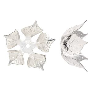 Bead cap, silver-finished copper, 24x11mm leaves, fits 14-16mm round bead. Sold per pkg of 4.