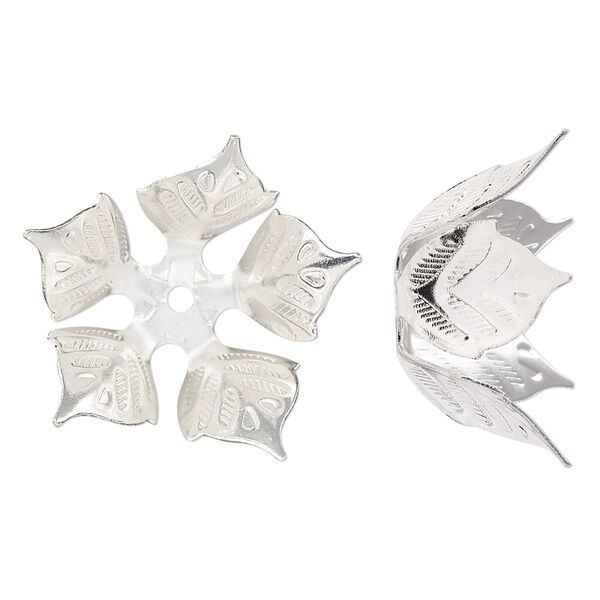 Bead cap, silver-finished copper, 24x11mm leaves, fits 14-16mm round bead. Sold per pkg of 4. image number 0