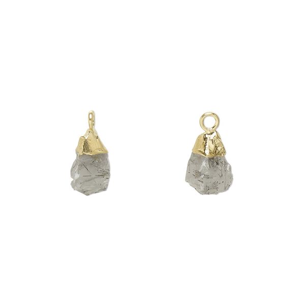 Tourmalinated quartz / sterling silver 1pkg1, hand-cut electrocoated gold-plated nugget drop natural 8x5mm-9x7mm image number 0
