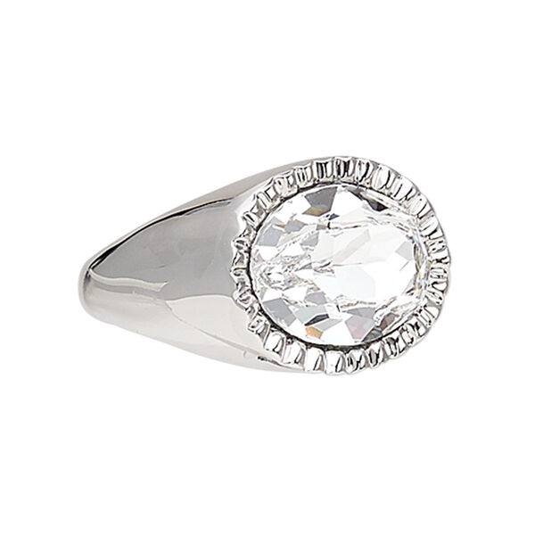 Ring, crystals and rhodium-plated "pewter" (zinc-based alloy), crystal clear, 23x18mm oval, size 10. Sold individually. image number 0