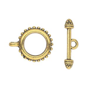 Clasp toggle 1pkg10 "pewter" (zinc alloy), 18mm double-sided beaded round, antique gold-finished 1-strand