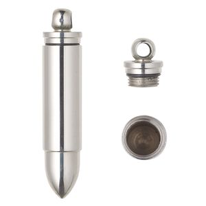 Pendant, Everyday Jewelry, stainless steel, silver, 48.5x10mm bullet with watertight chamber. Sold individually.