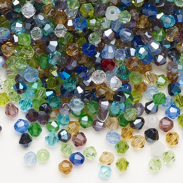 Bead mix, glass, pkg/1 ounce, opaque to transparent mixed colors, 3-5mm faceted bicone. image number 0