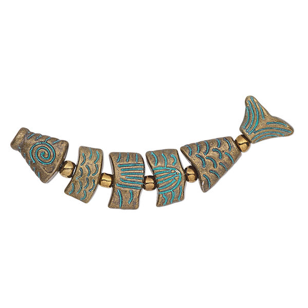 Bead, antique brass-plated "pewter" (zinc-based alloy), green patina, 43x9mm double-sided fish. Sold per 6-piece set. image number 0