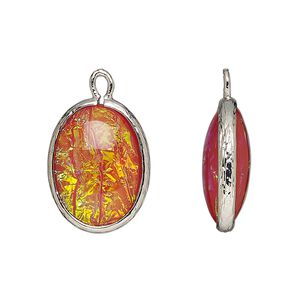 Drop, Opalized Ice™, "opal" (resin) and imitation rhodium-finished brass, opaque orange, 20x15mm double-sided oval. Sold per pkg of 4.