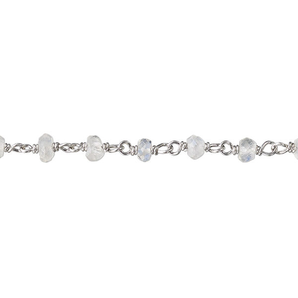 Chain, rainbow moonstone (natural) and rhodium-plated sterling silver, 3.5x2mm-4x2.5mm hand-cut faceted beaded rondelle. Sold per 36-inch strand. image number 0